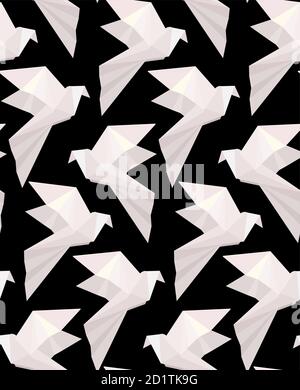 Seamless texture with paper white origami doves on a black background. Flying free birds. Vector 3d pattern for fabrics, wallpapers and for your creat Stock Vector