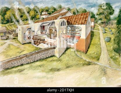 LULLINGSTONE ROMAN VILLA, Kent. Cutaway reconstruction drawing of the baths c.380 AD by Peter Dunn (English Heritage Graphics Team). Stock Photo