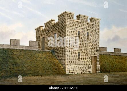 HADRIAN'S WALL: BANKS EAST TURRET, Cumbria. Turret 52A and turf wall. Reconstruction drawing by Frank Gardiner (English Heritage Graphics Team). Stock Photo