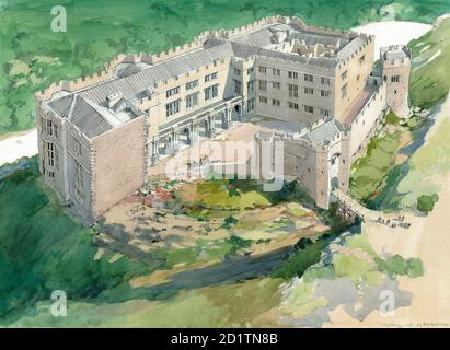 BERRY POMEROY CASTLE, Devon. Reconstruction drawing by Terry Ball (English Heritage Graphics Team) showing the castle as it might of looked in the early 17th century, showing the north range and loggia.