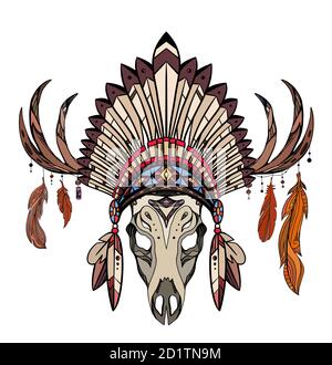 Coloring drawing of deer skull with horns, native cap of Indian with feathers and decorations. Tribal costume. Vector illustration for sketch of tatto Stock Vector