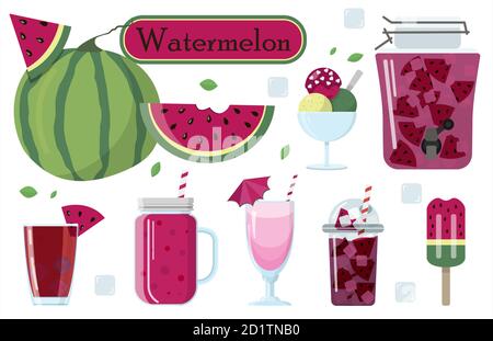 Set of vector illustrations of watermelon and food from it. Watermelon smoothie, cocktail, ice cream on a stick, ice cream balls, alcoholic cocktail, milkshake. A set of images for world watermelon day in August. Set for creating summer illustrations. Stock Vector