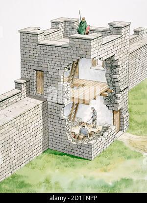 HADRIAN'S WALL: BANKS EAST TURRET, Cumbria. Cutaway reconstruction drawing by Philip Corke. Stock Photo