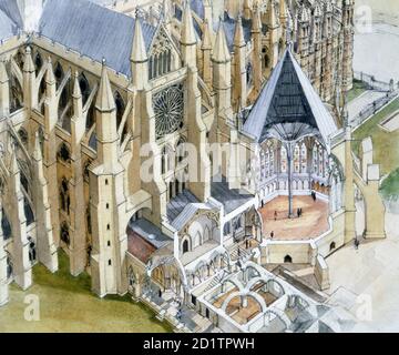 WESTMINSTER ABBEY: CHAPTER HOUSE, London. Reconstruction drawing cutaway showing interior of Vestibule, Pyx Chamber and Cloister by Terry Ball (English Heritage Graphics Team). Also shows South Transept.