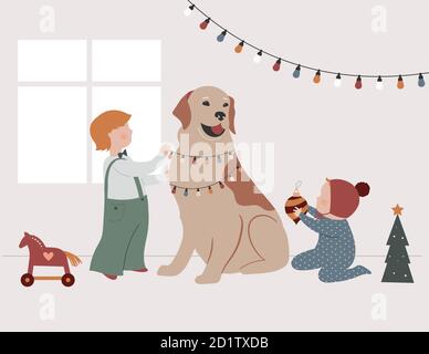 Vintage style cute Scandinavian winter kids. Boy and baby decorating a dog as a Christmas tree. Retro concept design. Vector illustration  Stock Vector