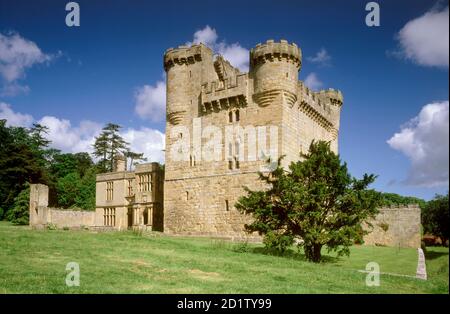 BELSAY HALL, CASTLE & GARDENS, Northumberland. General view of the Castle including tower, main range and remains of west wing. Stock Photo