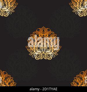 Seamless luxury paisley pattern with gold boho ornaments on black background. Tribal background for textile, wallpaper and your creativity. Stock Vector