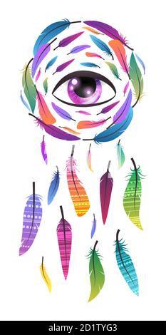 Mystical illustration of a dreamcatcher with eye of providence,  boho tracery pattern and feathers on a white background. Vector magic tribal card for Stock Vector