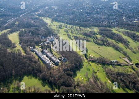 Landscape Park to Sundridge Park created by Humphry Repton 1794-97 with a John Nash designed and Samuel Wyatt completed mansion, Sundridge Park, Bromley, London, 2018, UK. Aerial view. Stock Photo