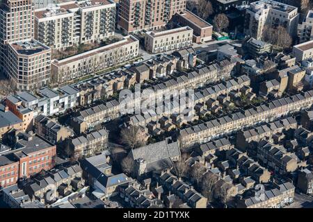 Terraced houses along Larcom Street, Walworth, London, 2018, UK. Aerial view. Stock Photo