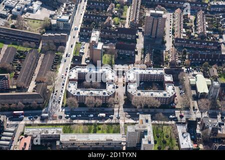 The Guinness Trust Estate off Kennington Park Road, London, 2018, UK. Aerial view. Stock Photo