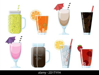 Set of cartoon food non-alcoholic beverages - tea, herbal tea, hot chocolate, latte, mate, coffee, root beer, smoothie, juice, milk shake, lemonade and so. Vector illustration, isolated on white. Drinks with umbrellas and tubes for a summer party or holiday Stock Vector