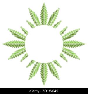 Round frame with green leaves of marijuana with hatching. The object is separate from the background. Vector engraving template for menus, articles, c Stock Vector