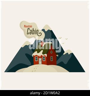 Mountain cabin. Red house in snowy mountains on light background. Stock Vector