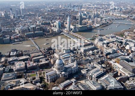 St Paul's Cathedral and view towards the South Bank, London, 2018, UK. Aerial view.