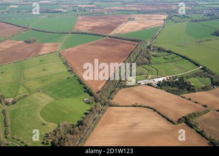 The Fosse Way Roman Road looking North East towards Northleach, Gloucestershire, 2018, UK. Aerial view. Stock Photo