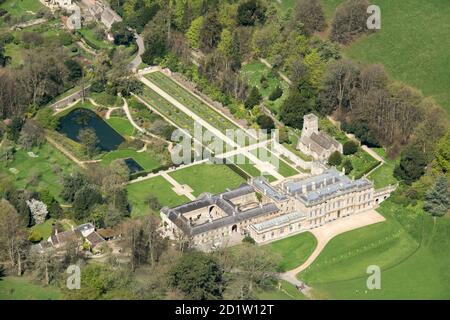 Dyrham Park, Country House, Formal Garden, St Peters Parish Church, Dyrham, South Gloucestershire, 2018, UK. Aerial view. Stock Photo