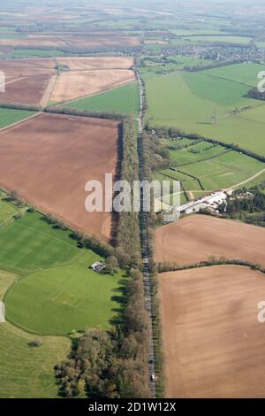 The Fosse Way Roman Road looking North East towards Northleach, Gloucestershire, 2018, UK. Aerial view. Stock Photo