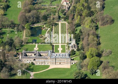 Dyrham Park, Country House, Formal Garden, St Peters Parish Church, Dyrham, South Gloucestershire, 2018, UK. Aerial view. Stock Photo