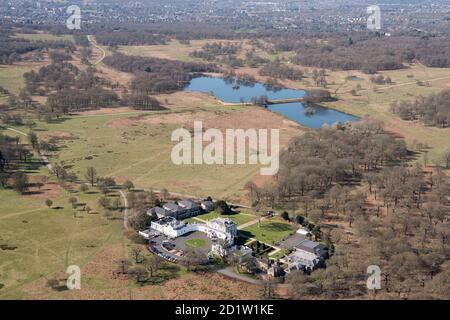 Pen Ponds and the White Lodge, home to the Royal Ballet School and former hunting lodge, Richmond Park, London, UK. Aerial view. Stock Photo