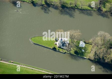 Temple Island, an island in the River Thames and lies at the start of the course for Henley Royal Regatta, Berkshire, UK. Aerial view. Stock Photo