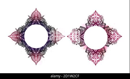 Set of round frames with boho pattern and watercolor blots. The object is separate from the background. Vector native element for invitation, banner a Stock Vector