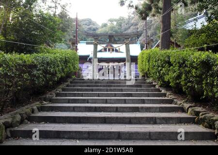Stairs and torii gate of Honoohonome Jinja Shrine in Beppu. Taken in ...