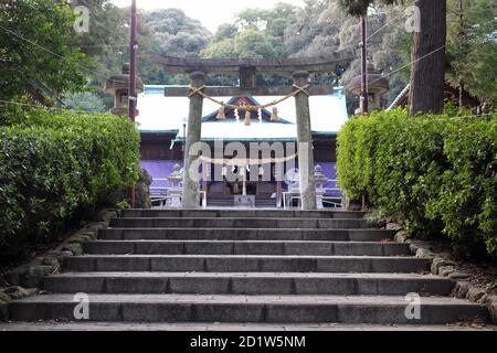 Stairs and torii gate of Honoohonome Jinja Shrine in Beppu. Taken in ...