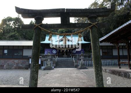 Torii gate and main temple of Honoohonome Jinja Shrine in Beppu. Taken ...