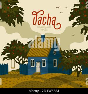 Suburban house - dacha. Rural landscape with blue Barn house in rustic style and green fruit garden Stock Vector
