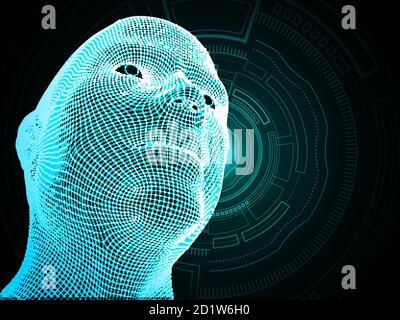 3D vector head from grid. Artificial intelligence. 3D Geometric Face Design. Biometric Illustration Stock Vector