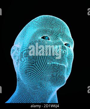 3D vector head from grid. Artificial intelligence. 3D Geometric Face Design. Biometric Illustration Stock Vector