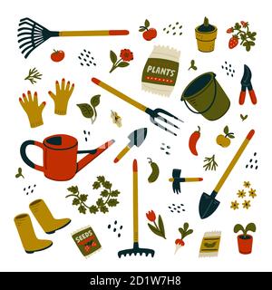Garden equipment set. Different types of tools for gardening. Stock Vector