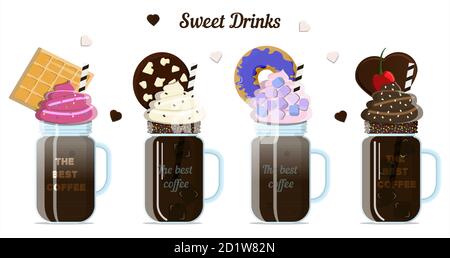 A set of milk and coffee cocktails with toppings, cream, whipped cream, cookies and marshmallows. Vector illustration of flat mugs for cold coffee, smoothies and milkshakes. Children s sweet drink with pastries, sugar sprinkles, syrup and berries. Coffee with a trace for summer parties, bar or on vacation. Shakes on white background Stock Vector