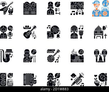 Musical genres black glyph icons set on white space Stock Vector