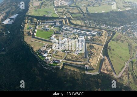 The Verne Citadel, coastal battery constructed between 1857-1881 and then prison (HMP Verne) which was an Immigration Removal Centre between 2013-17, Portland, Dorset. Aerial view. Stock Photo