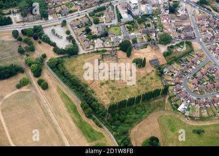 The ruined Medieval priory of Monk Bretton, Cundy Cross, near Barnsley, South Yorkshire. Aerial view. Stock Photo