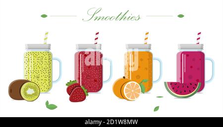 Fruit smoothie in a glass jar with a lid and a straw. Set of vector illustrations of drinks from fresh fruits and berries, orange, kiwi, strawberry, watermelon. Mixed in a blender with fruit for a healthy diet, vegetarianism, vitamin-enriched food. Bright flat illustrations of summer detox cocktails Stock Vector
