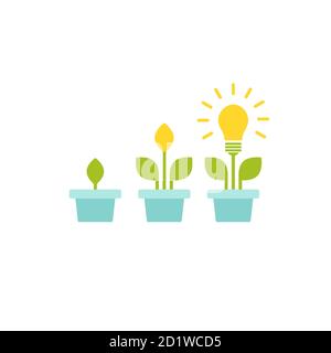 Plant in pot with yellow shining bulb with green leaves and light rays. Isolated on white. Flat icon. Vector illustration. Idea, concept, invention, i Stock Vector
