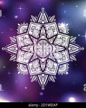Vector neon illustration of zen mandala with boho pattern, space background with stars and nebula. Spiritual, magical card for your creativity Stock Vector