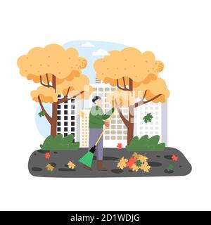 Autumn season. Man janitor cleaning street from falling autumn leaves with broom, flat vector illustration. Stock Vector