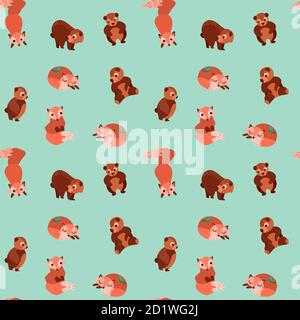 Seamless pattern with bears and foxes. Cute woodland animals on green background. Vector illustration. Stock Vector