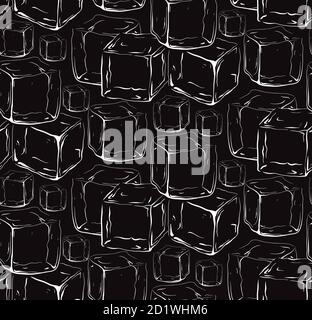 Seamless monochrome texture of contour ice cubes on dark background. Linear blocks of ice. Vector pattern for fabrics, backgrounds and your design. Stock Vector
