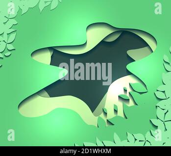 Green illustration of 3d abstract waves and tree leaves cut out from paper. Ecology and nature. Vector origami element for your design Stock Vector