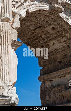Detail of the central soffit coffers of the axial archway, Arch of Titus, Roman Forum, Rome, Italy. Stock Photo