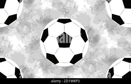 Seamless pattern with soccer balls and watercolor splashes on white background. Vector texture with sport equipment for wallpaper and your design. Stock Vector