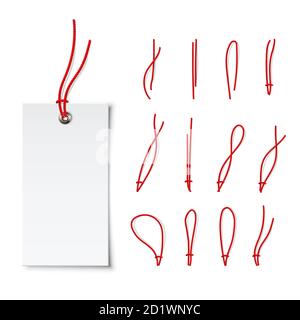 Empty white price tag with different red ropes tied set Stock Vector