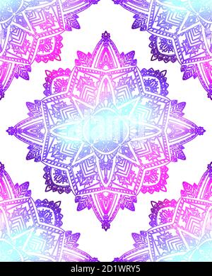 Seamless pattern of gentle mandalas on white background. Hand drawn doodle lace background. Vector gradient texture for fabrics, wallpapers and your c Stock Vector
