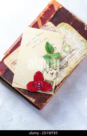 Brooch orchid, red lycast, on a vintage book. Handmade. Stock Photo