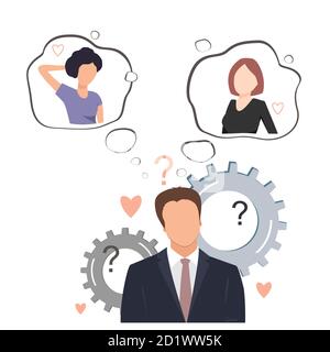 Undecided man doubting between two loves. Young businessman thinking about two pretty women and trying to decide which one he likes. Flat vector Stock Vector